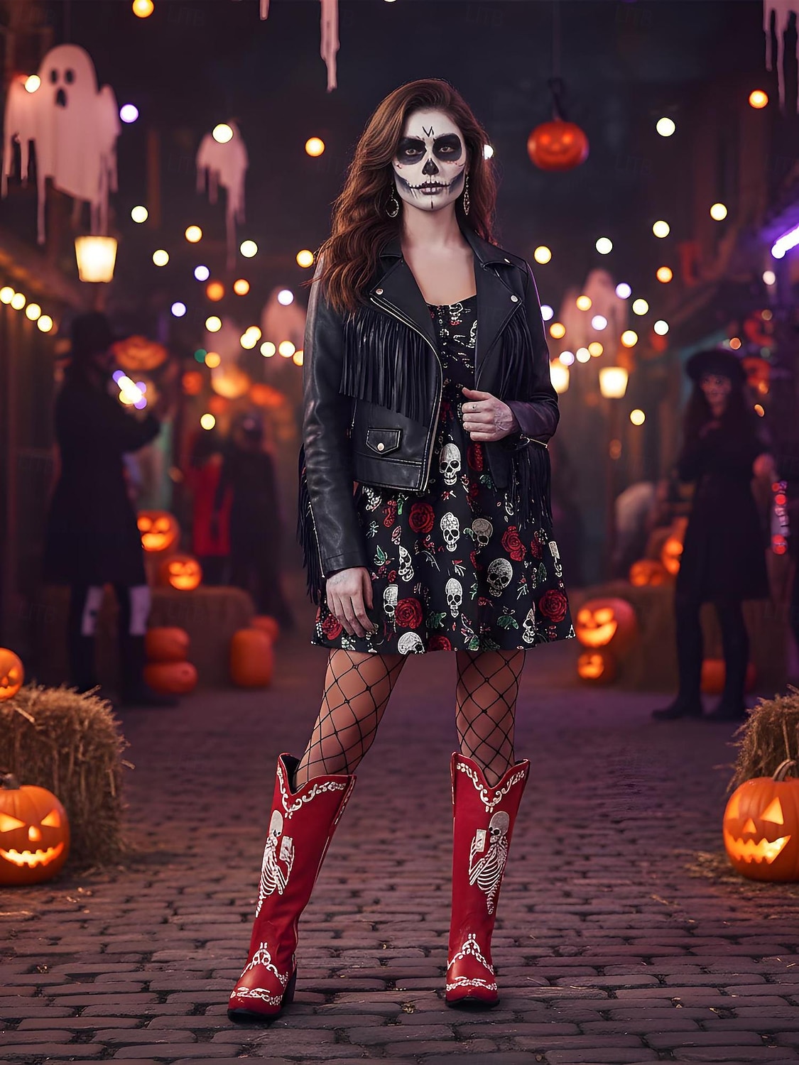 2025年 女性用ハロウィンスケルトン刺繍カウボーイブーツ - コスチュームパーティー、不気味なフェスティバル、夜のストリートスタイルに最適なゴシックウエスタンロングブーツ  コレクション – $59.99 –P1