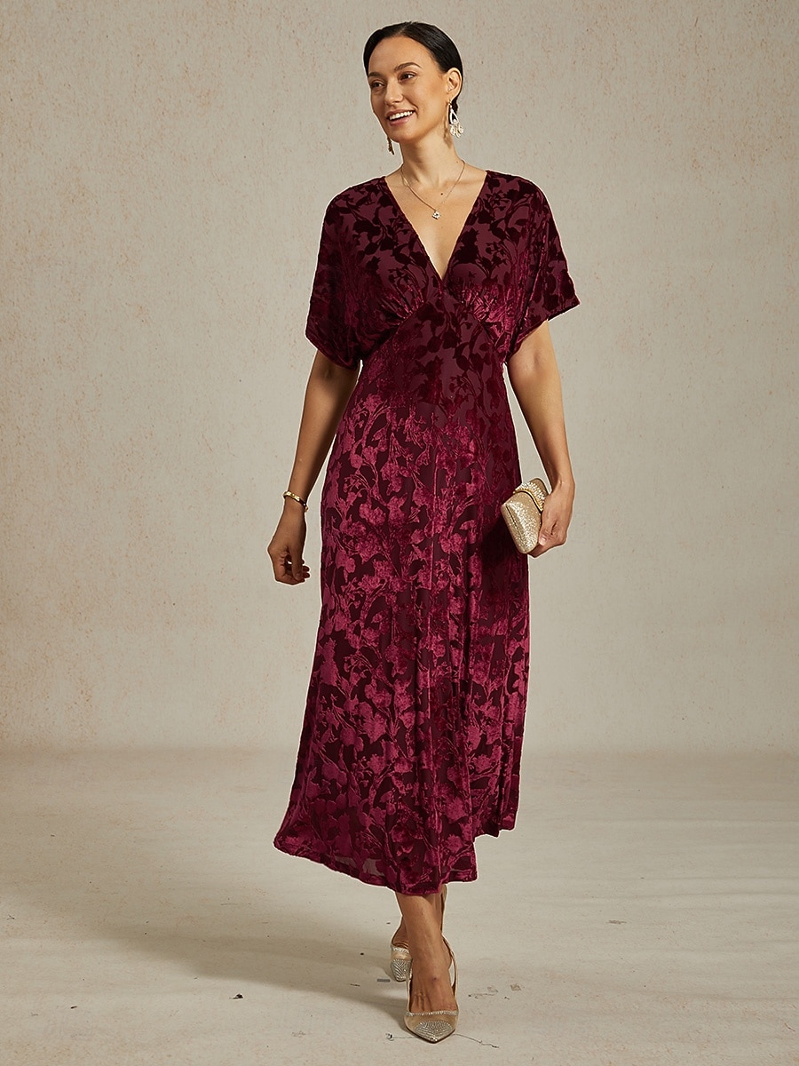 Dam Midiklänning Sheath Dress Elegant party Fest Bröllopsgäst Cocktailfest Normal Ensfärgat Blommig Ärmlös V-hals Rubinrött Sommar Vår Höst Vinter 2025 - €116.82 –P1