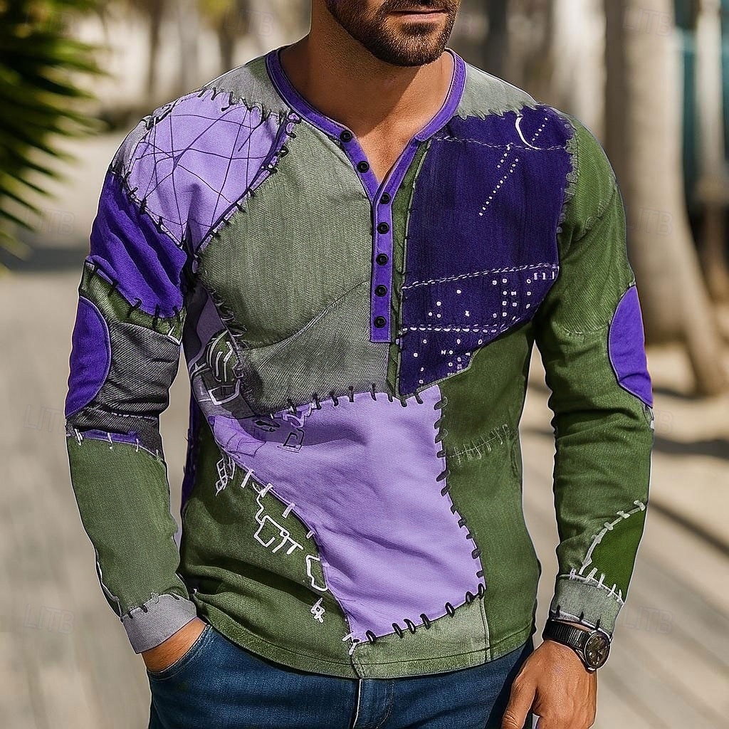 Pánské Slátanina Tričko Tričko Henley Trička Dlouhý rukáv Vinobraní Designové stylové Venkovní Ležérní Denní Podzim Jaro léto Zelená Vodní modrá Fialová Kávová Henley Tričko Henley 2025 - €19.27 –P5