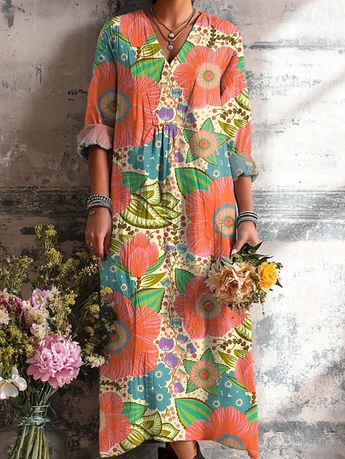 Ostern Damen Midikleid Sommerkleid A Linie Kleid Urlaub Lässig Boho Ausgehen Strand Lässiger Schnitt Blumen Grafik Geometrisch Langarm V Ausschnitt Gelb Rosa Orange Grün Sommer Frühling Herbst Winter 2025 - $35.99 –P1