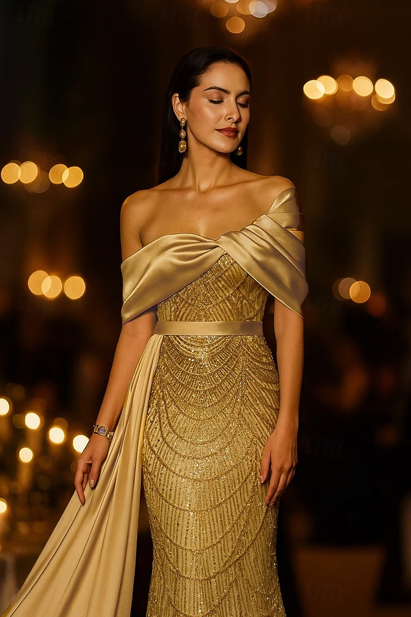 Sirena Tromba Lunghezza al pavimento Abito da ballo con mantello Abito da Sera Abito formale Elegante Scintillante Brillanti Senza Maniche Senza Spalle Matrimonio Formale Con Paillettes con Glitter del 2026 a $218.49 –P4