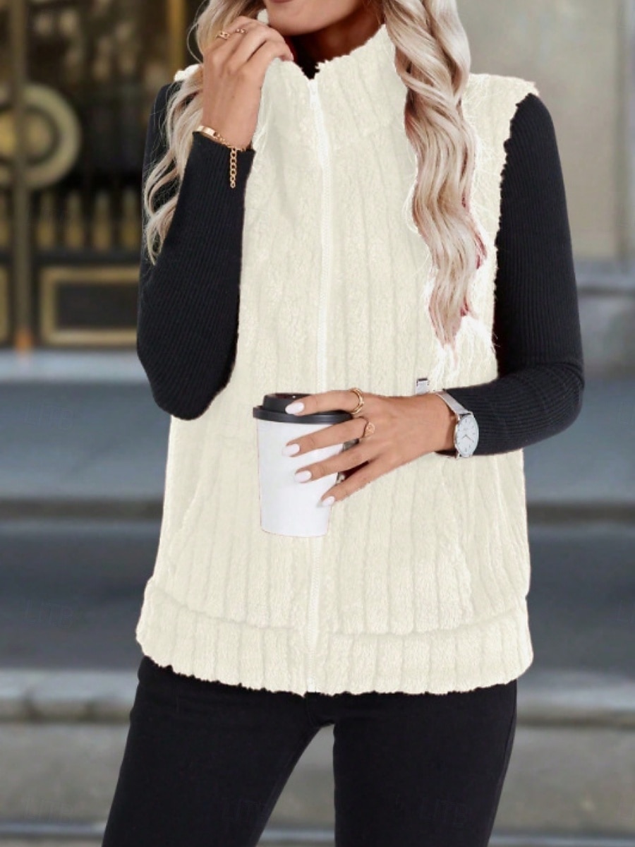 2025年 女性用 フリースベスト 快適 高通気性 ジッパー カジュアル 平織り バケーション ストリート カジュアル デイリーウェア ジッパ－ ショート 折襟 レギュラー ノースリーブ アウターウェア ブラック ルビーレッド ブルー 春 秋  コレクション – $25.99 –P9