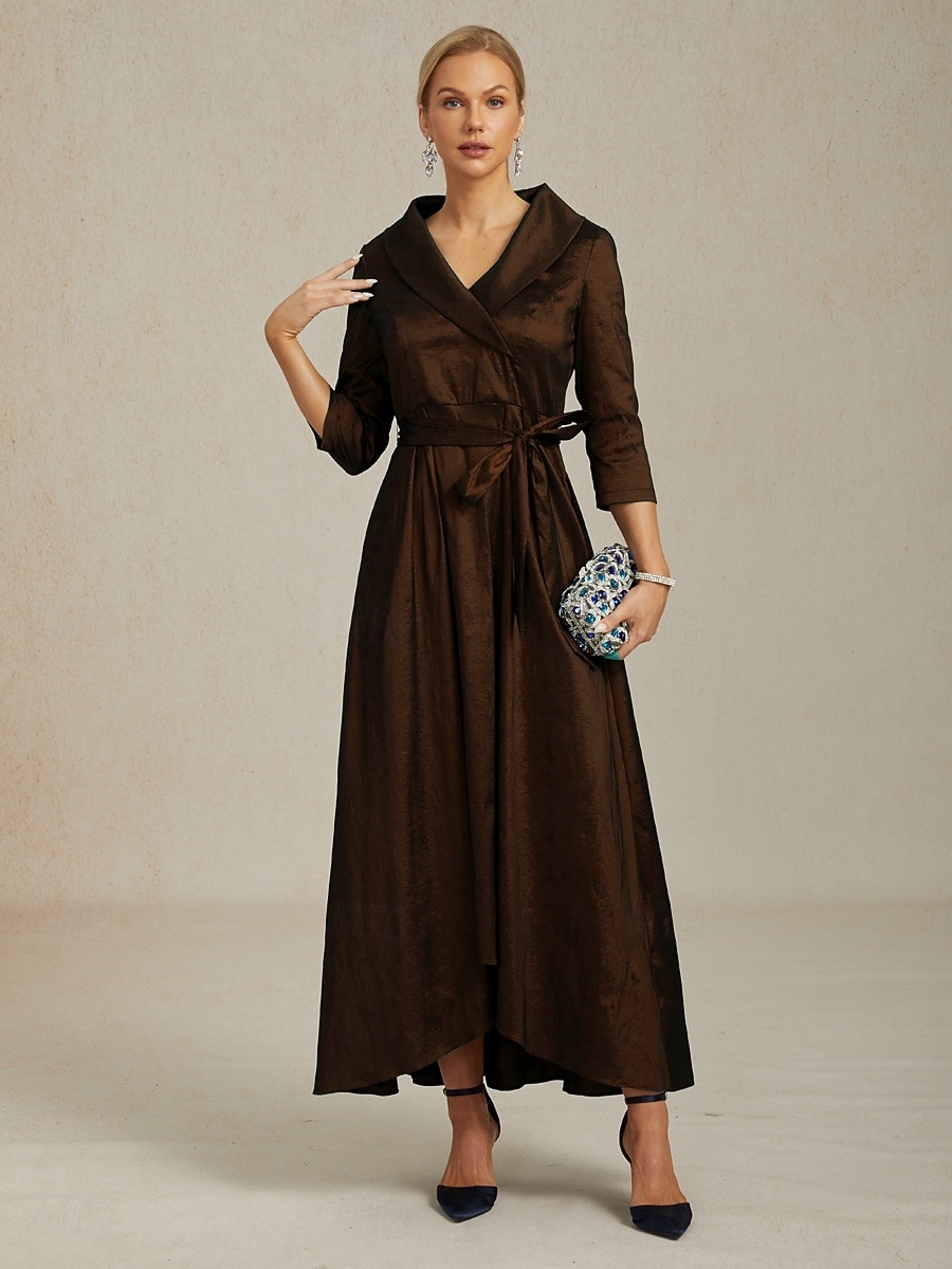 Femmes Robe Maxi Robe de Soirée Élégant ancien Coupe régulière Couleur Unie Manche 3/4 Col en V Marron Automne Hiver de 2025 ? $129.99 –P5