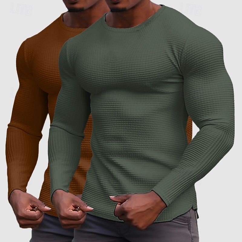 Men's Waffle Shirt T Shirt Tee Top Long Sleeve Shirt Long Sleeve Crew Neck Spring &  Fall All Seasons Plain Fashion Designer Basic 2 Piece Knitted Multi-pack Casual Vacation Street White+Black Top 2026 - $39.99 –P5