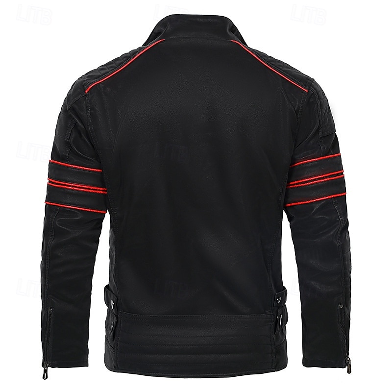 Men's Faux Leather Jacket Fleece Jacket Biker Jacket Motorcycle Jacket Vacation Daily Windproof Warm Patchwork Pocket Fall Winter Stripes Fashion Classic Stand Collar Regular Black Jacket 2026 - $82.99 –P4