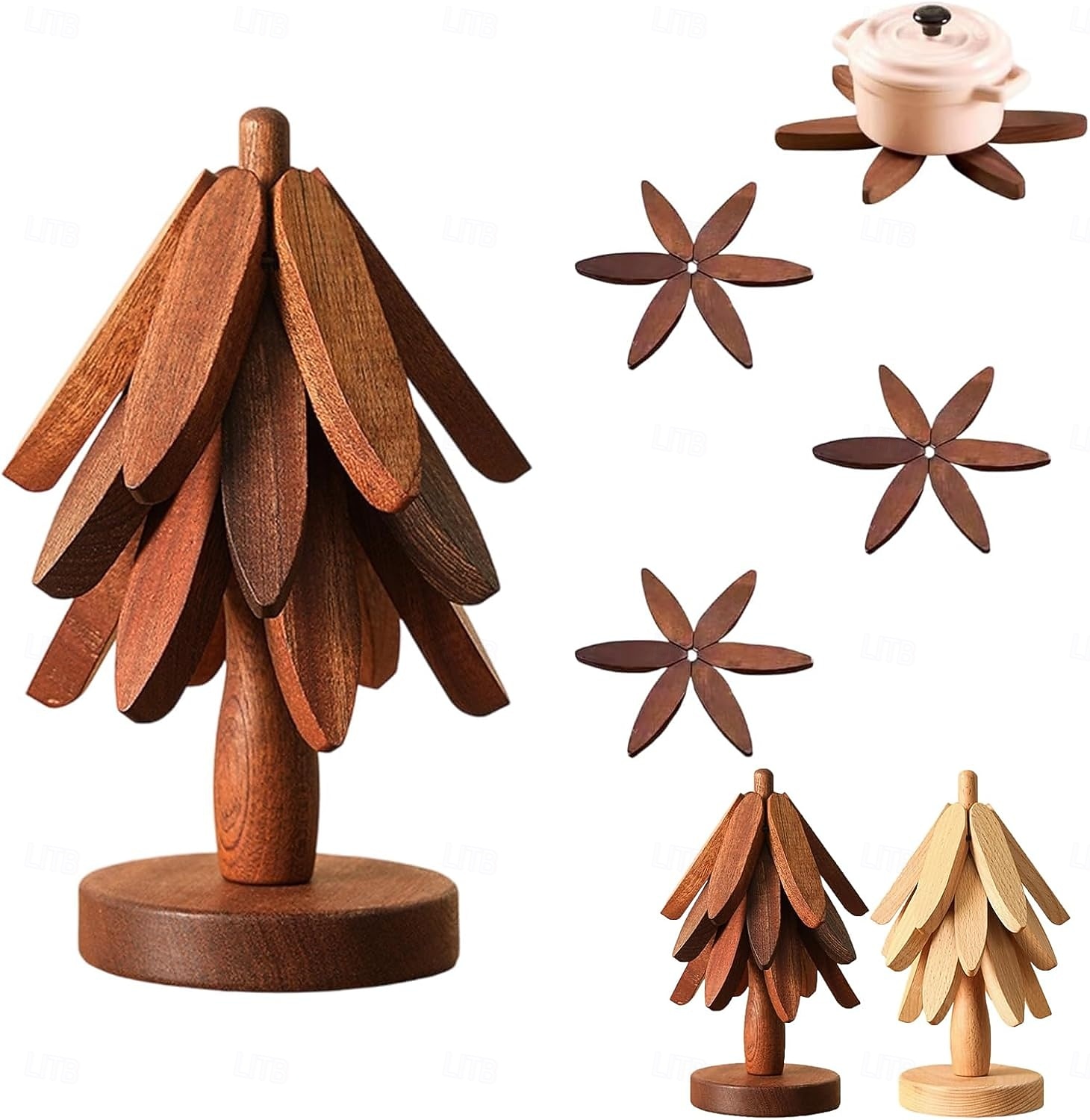 ensemble de dessous de plat en bois naturel, 3/4/5 dessous de plat en bois &1 support comme un sapin de Noël, dessous de plat de cuisine pliable naturel pour casseroles, poêles, bols &théières de 2025 ? $12.99 –P1