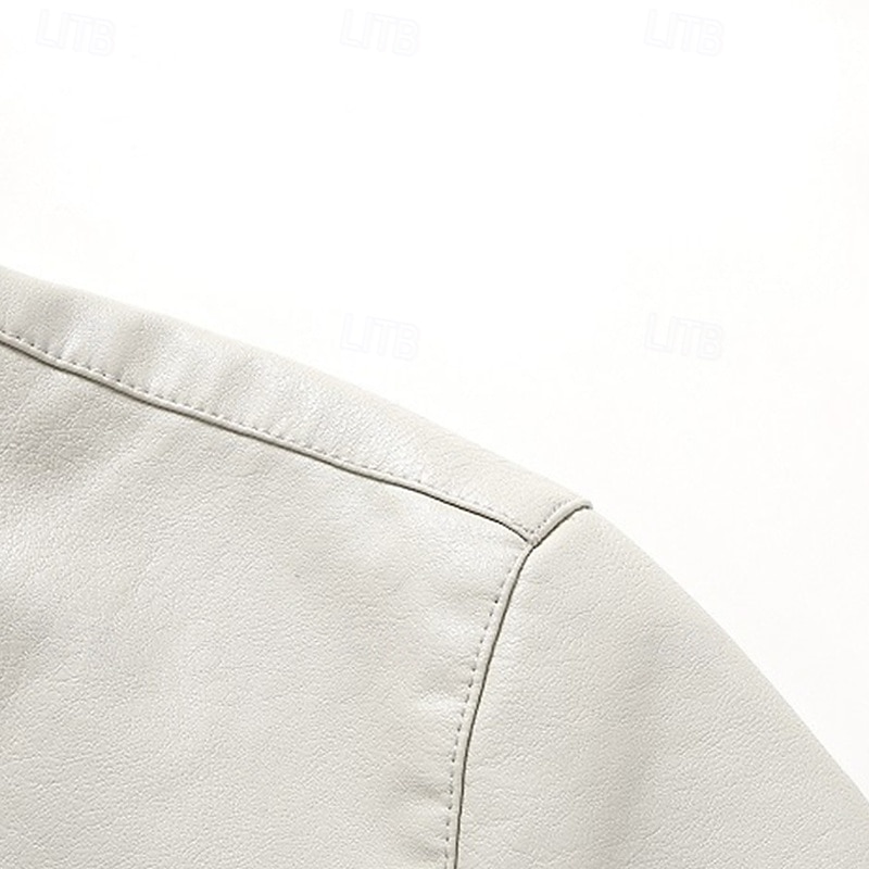 Men's Faux Leather Jacket Fleece Jacket Biker Jacket Motorcycle Jacket Vacation Daily Windproof Warm Pocket Fleece Fall Winter Plain Fashion Classic Stand Collar Regular Black White Wine Jacket 2025 - $54.99 –P7