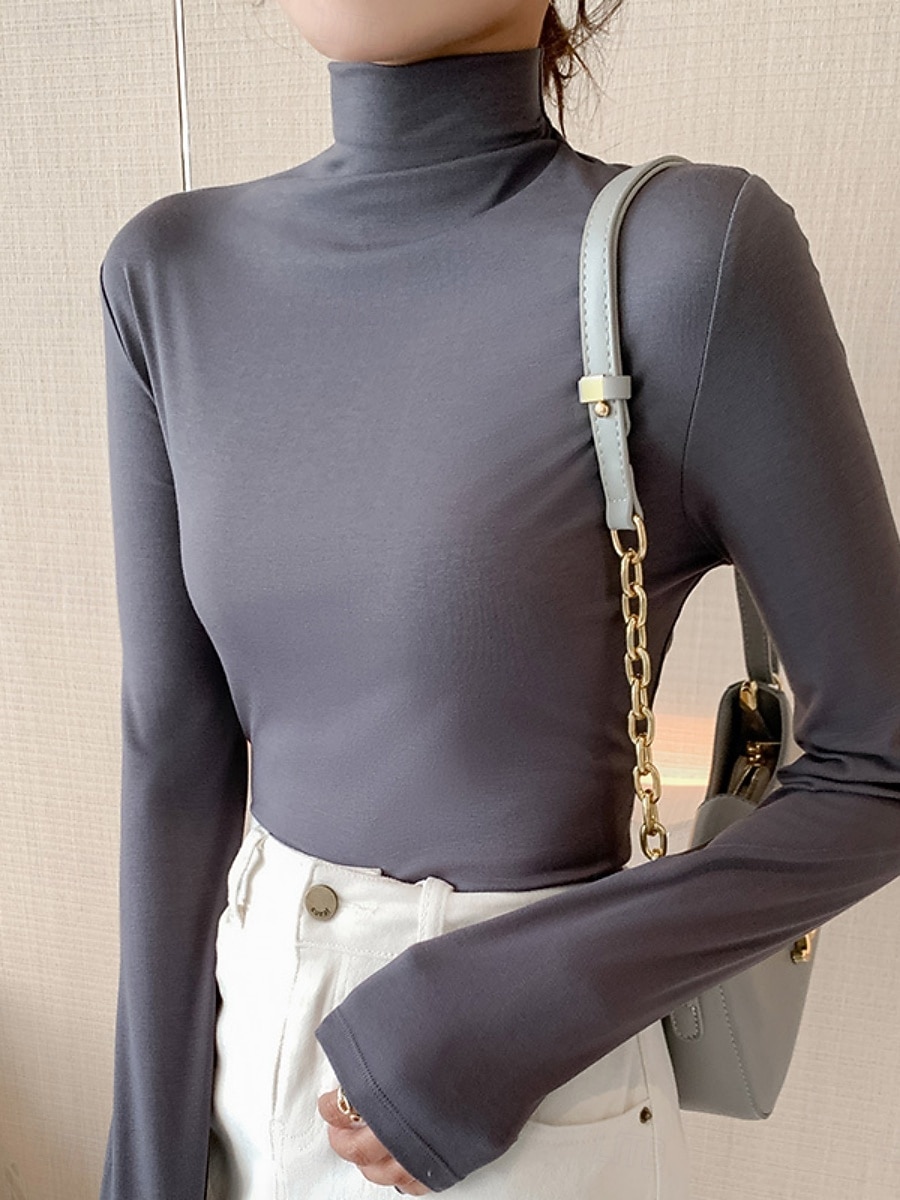 Per donna Blusa Tinta unica Elegante Essenziale Casual Manica Lunga Dolcevita Top Regolari Quotidiano Nero Bianco Rosa Marrone Beige Primavera Autunno Inverno del 2025 a $16.99 –P6