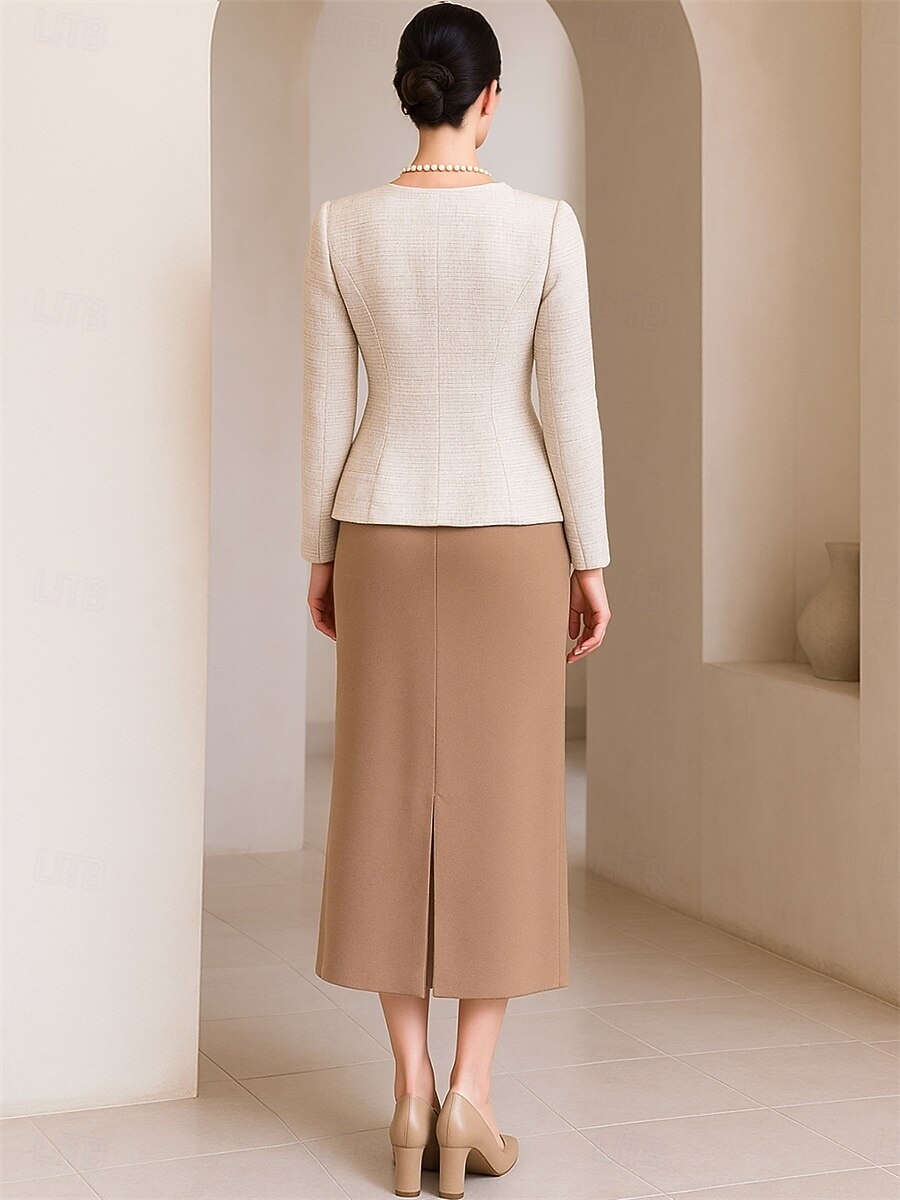 Zweiteilig A-Linie Kleid-Sets Brautmutterkleid Elegant Vintage Rundhalsausschnitt Tee-Länge Polyester Langarm mit Knöpfe 2025 - $119.99 –P2