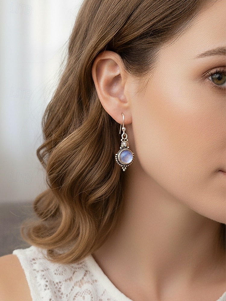Женские серьги-подвески из лунного камня с винтажным серебряным дизайном, элегантные украшения в стиле бохо для вечеринок, свадеб и повседневной носки 2026 - $5.99 –P7