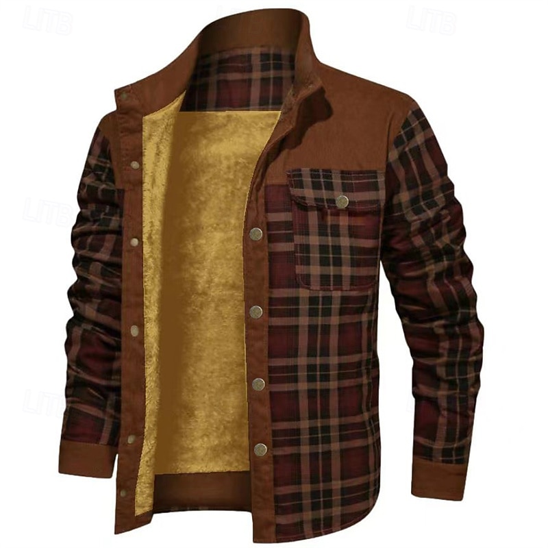 Homens Casaco puffer Jaqueta de Camisa Casaco de lã Jaqueta casual Férias Diário Térmico / Quente Bolsos Tosão Outono Inverno Xadrez Moda Roupa de rua Colarinho Chinês Padrão Preto Vermelho Verde de 2025 por $62.99 –P2