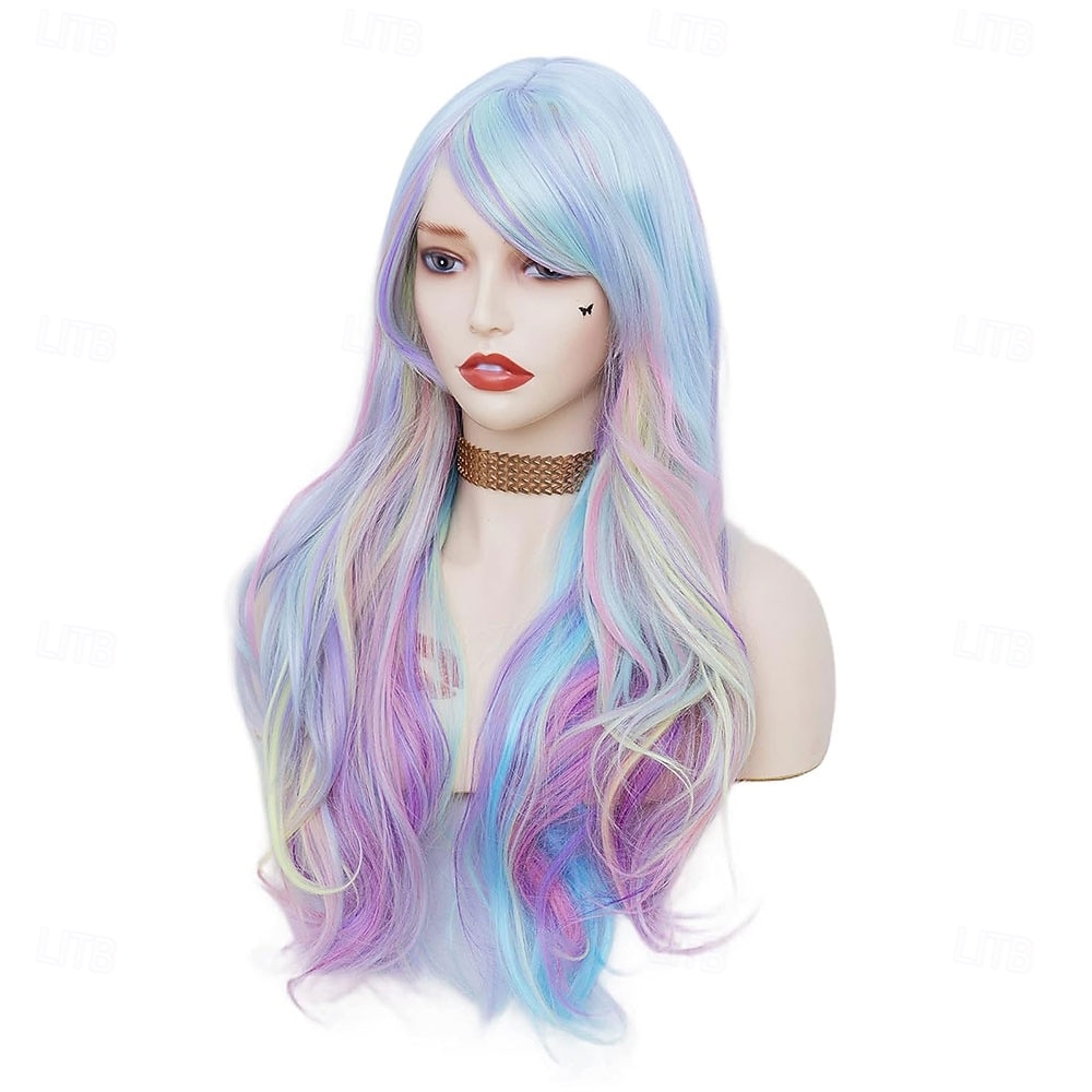 2025年 Rugelyss レインボー カラフルウィッグ 女性用 26インチ ウェーブ ファッション 合成フルヘッドヘアウィッグ 前髪付き コスプレやパーティーに最適  コレクション – $23.99 –P5