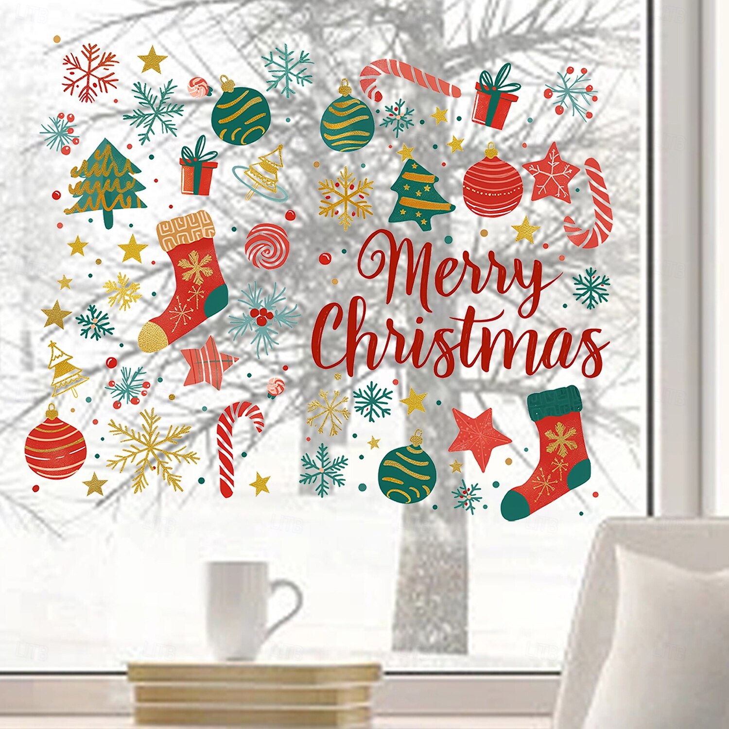 Vánoční samolepka na zeď, kreslené vánoční prvky, dárek, sněhová vločka, odnímatelná vinylová malba, sváteční párty, ložnice, obývací pokoj, sklo, okno, dveře, pozadí, dekorace pro domov 2025 - $10.49 –P1