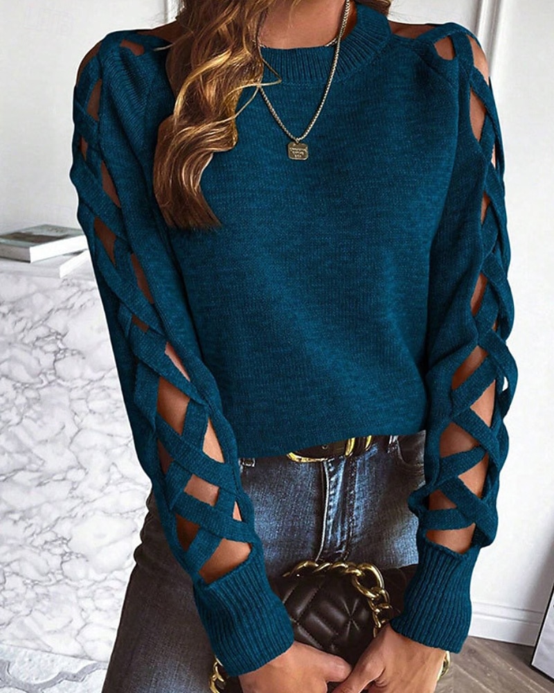 Dame Genser Gatemote Fritid Helfarge Crew-hals Uthult Strikket Langermet Vanlige topper Strikke Daglig Ferie Ut på byen Svart Blå Høst Vinter 2025 - $35.99 –P1