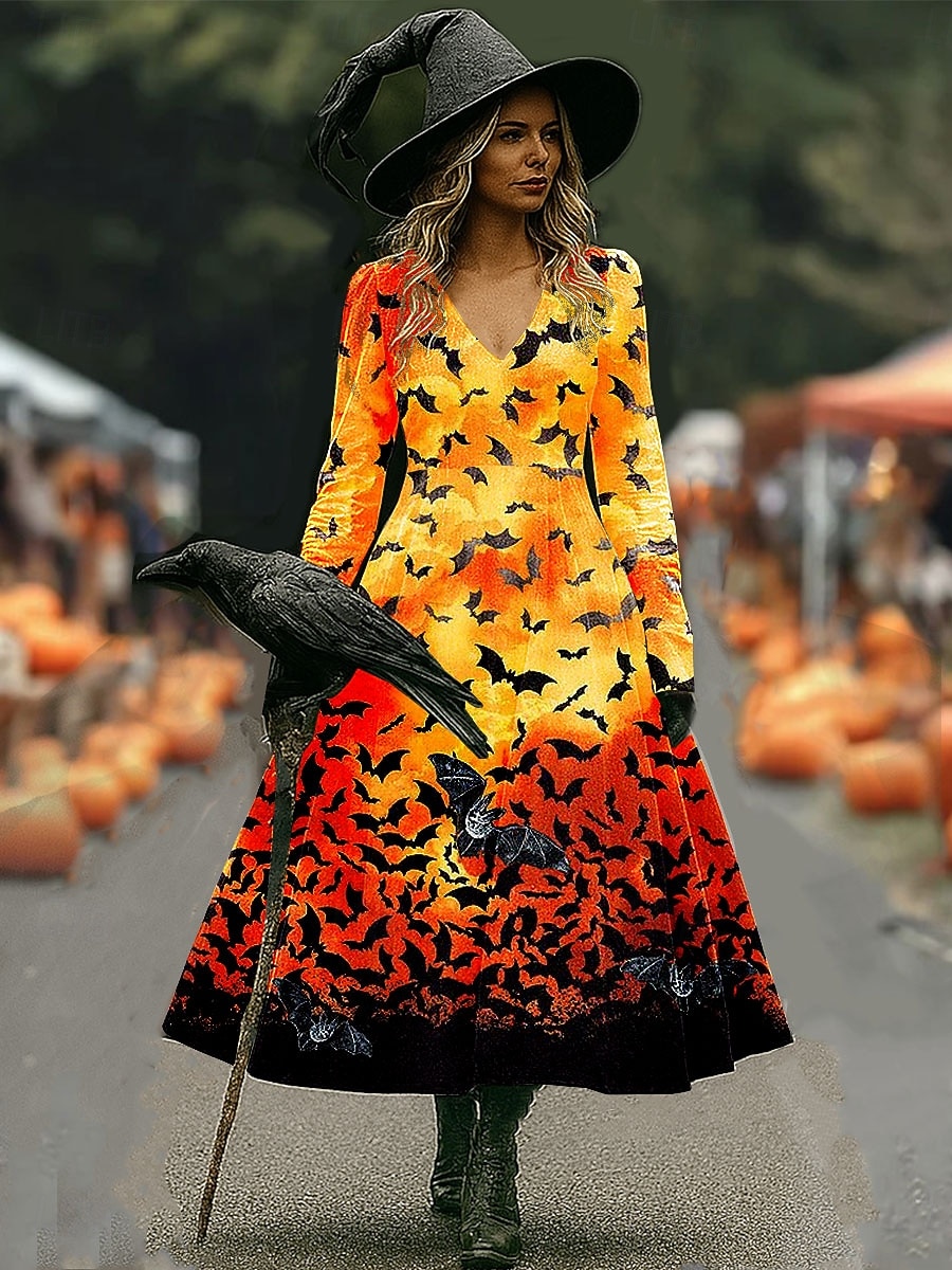 Halloween Naisten Midimekko A linjainen mekko Loma Vapaa-aika Häät Juhla Syntymäpäivä Normaali Kukka Kuvitettu Ruusu 3/4 hiha V kaula-aukko Keltainen Punastuvan vaaleanpunainen Sininen Oranssi Kevät 2025 - $33.99 –P4
