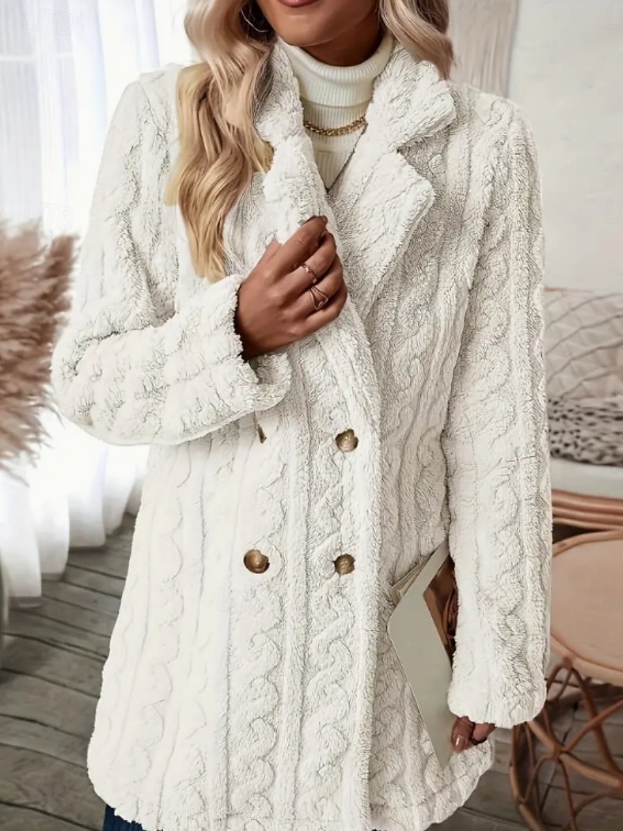 Dames Fleecejack Teddy jas Houd Warm Ademend Zak Met fleece gevoerd Casual Effen Vakantie Straat Casual Alledaagse kleding Dubbele rij knopen Lang Ingesneden revers Normale pasvorm Lange mouw 2025 - $44.99 –P4