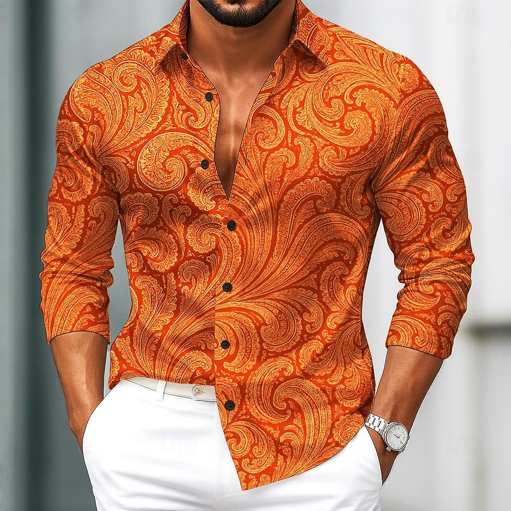 Men's Paisley Floral Print Ethnic Shirt Satin Shirt Dress Shirt Long Sleeve Vintage Retro Vacation Dailywear Summer Spring Fall Turndown 3D Print Button Up Shirts Blue Orange Green 2025 - $27.99 –P6
