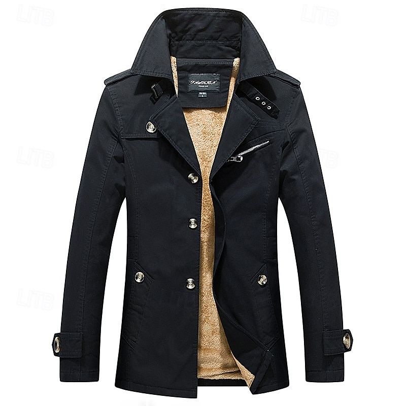 Herr Fleece-jacka Peacoat Trenchcoat Semester Dagligen Höst Vinter 100 % bomull Håller värmen Ytterkläder Kläder Mode Klassisk Slät Ficka Kavajslag Enkelknäppt 2025 - $48.99 –P18