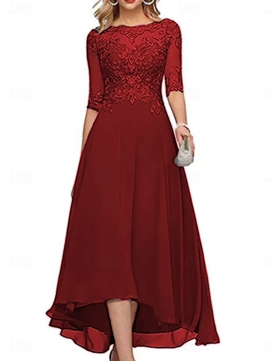 Robe A-Line mère de la mariée invitée de mariage formelle élégante col rond longueur de sol en chiffon à demi-manches avec couleur unie de 2025 ? $139.99 –P13
