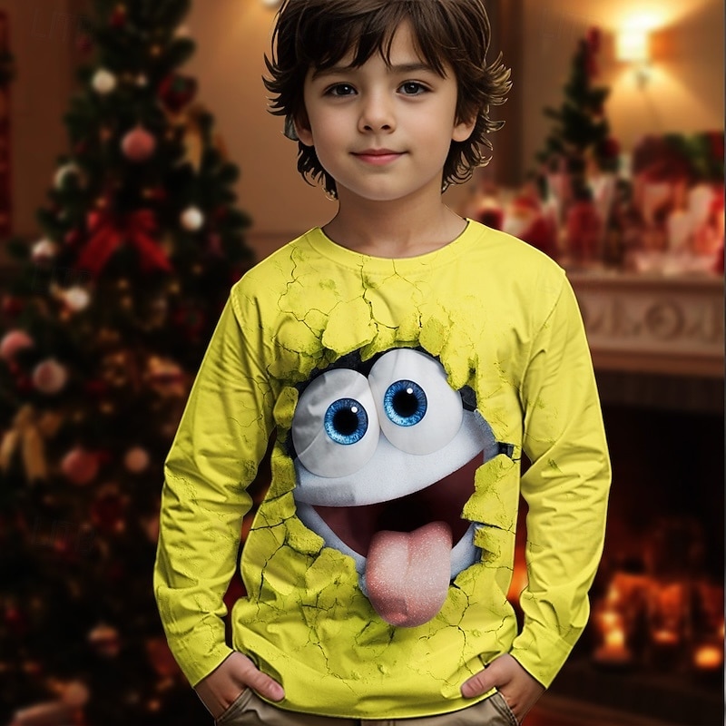 Jul Pojkar 3D Grafisk Tecknat T-shirt Långärmad Vår Höst Mode Grundläggande Barn 4-12 år Rund hals Utomhus Ledigt Dagligen Normal 2025 - $13.99 –P1