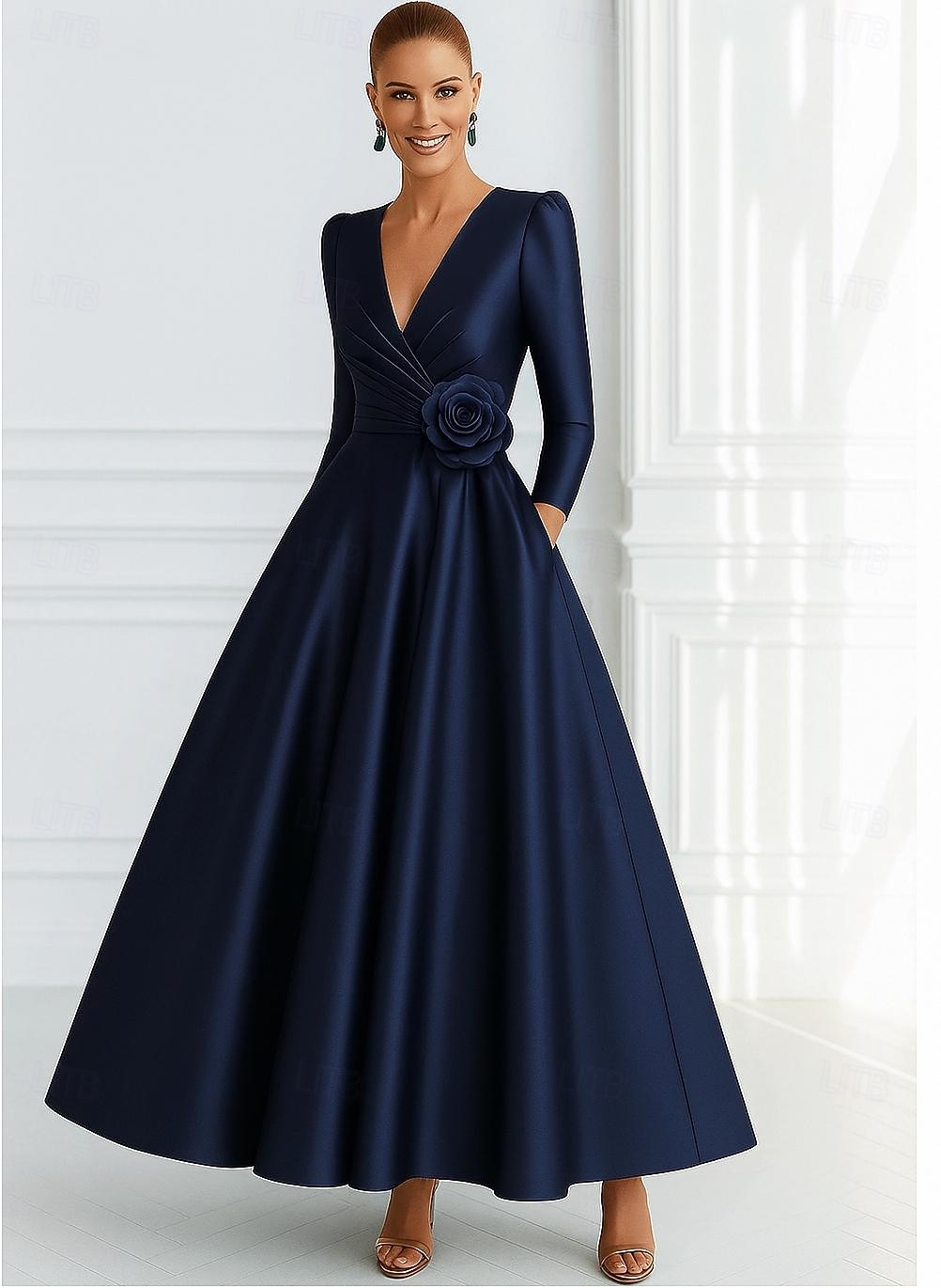 A-Linie Abendkleid Elegant Formelle Kleidung Formell Hochzeit Bodenlang Dreiviertelarm V Ausschnitt Tasche Satin mit Tasche 2025 2025 - $144.99 –P1