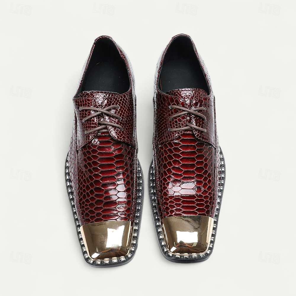 Sapatos sociais masculinos de couro legítimo bordô com estampa de cobra e cadarço e biqueira de metal – sapatos da moda para banquetes e coquetéis de 2026 por $129.99 –P8