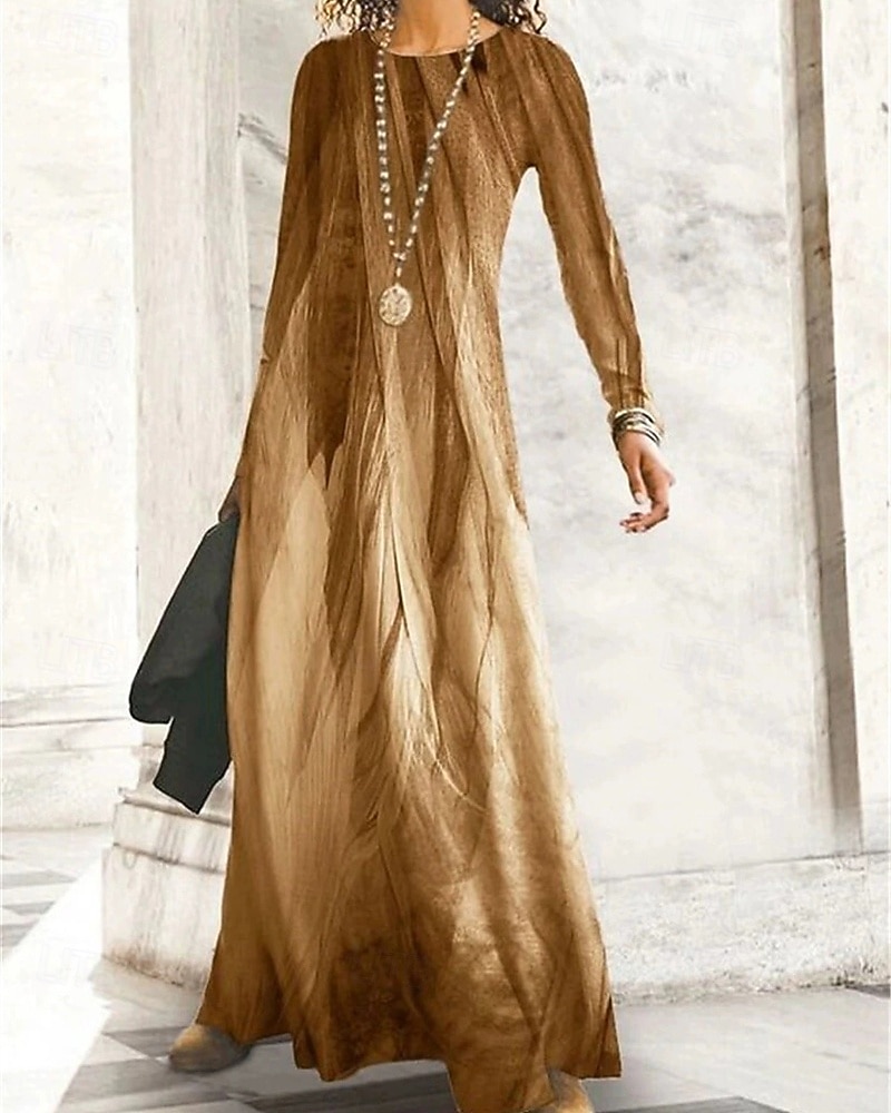 Damskie Długa sukienka sukienka maxi Sukienka Boho Elegancja Zabytkowe Moda Na zewnątrz Impreza Codzienny Regularny Ombre Graficzny Motyl Długi rękaw Półgolf Jasnożółty Czarno szary Czarny Żółty 2025 - $24.99 –P2