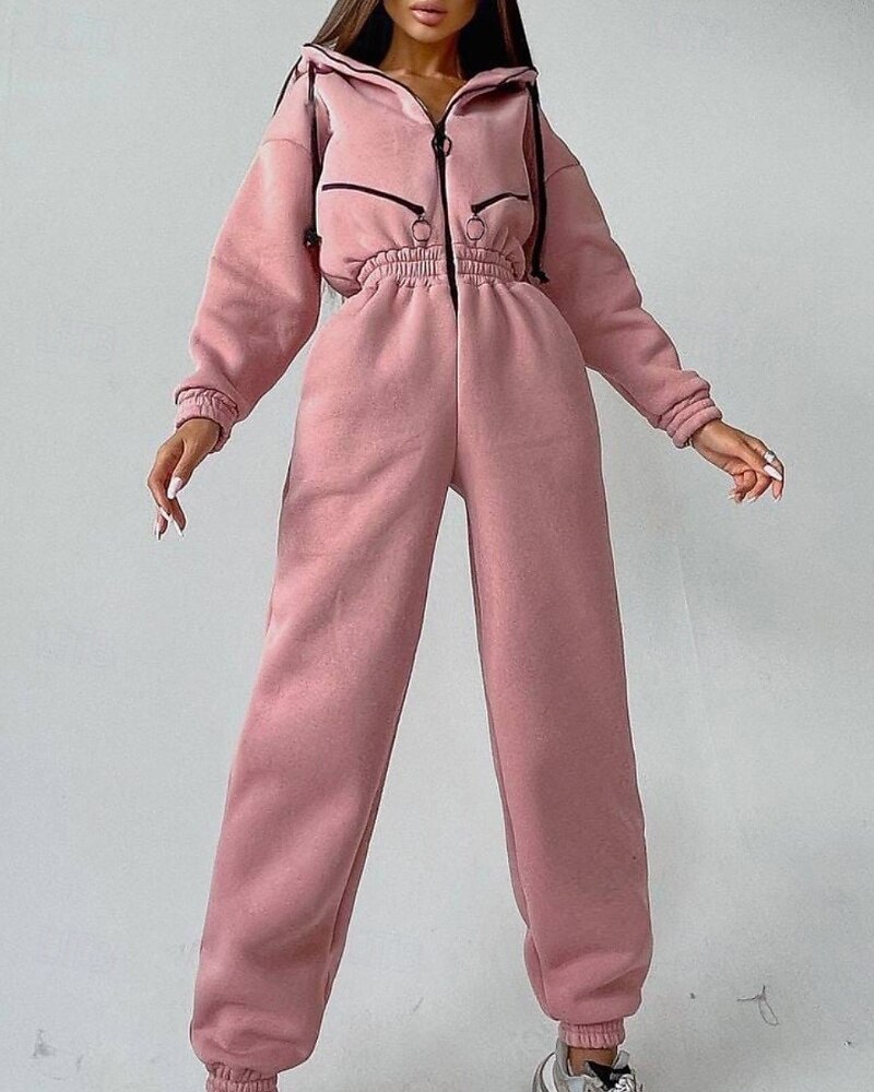 Női Szabályos Jumpsuitek Utcai sikk Színes Hosszú ujj Kapucni Kollázs Cipzár Utca Napi Normál Fehér Arcpír rózsaszín Medence Ősz 2025 - $27.99 –P14
