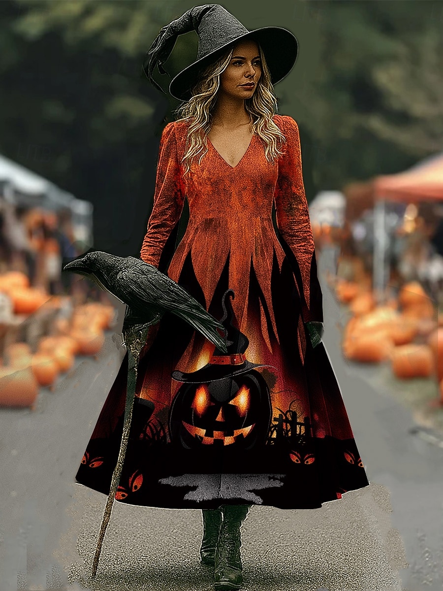Halloween Women's Midi Dress A Line Dress Vacation Casual Boho Beach Regular Fit Graphic Abstract Long Sleeve V Neck White Dark Red Wine Brown Spring Fall Winter 2025 - $33.99 –P5