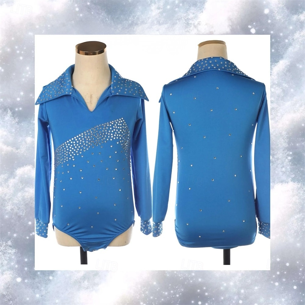 Topp til kunstløp Herre Gutt Skøyteløp Topper Blå Lapper Spandex Høy Elastisitet Trening Konkurranse Skøyteklær Klassisk Krystall / Rhinstein Langermet Skøyting Kunstløp 2025 - $283.99 –P2