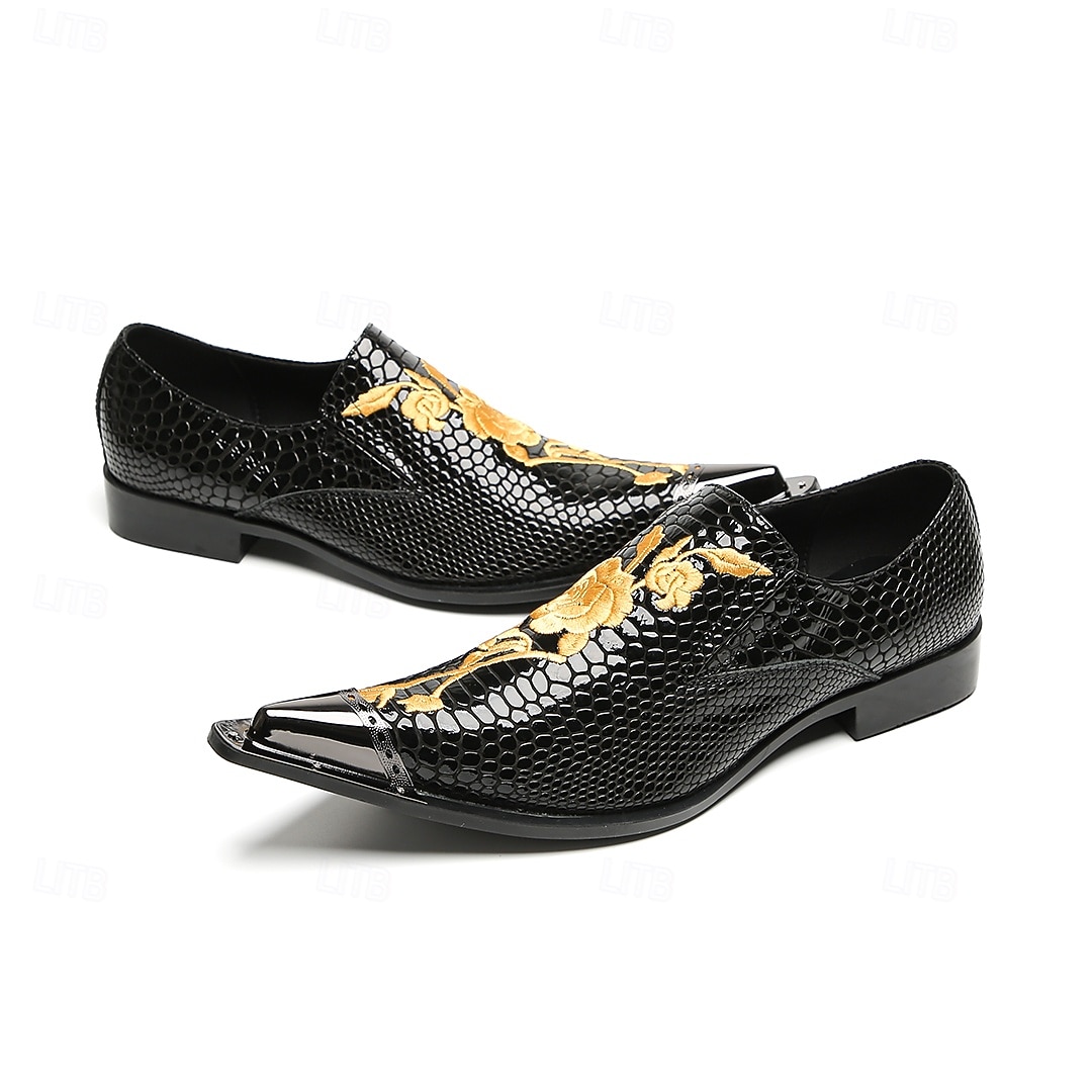 Pantofi eleganți bărbătești din piele naturală de vacă, cu model de crocodil negru și broderie aurie – mocasini formali de lux pentru afaceri, nunți și banchete 2026 - $119.99 –P6