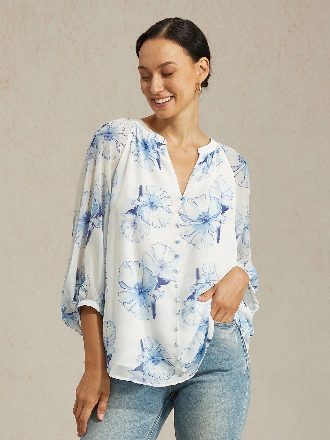 női sifon blúz tinta virágminta elegáns hétköznapi irodai tavasz nyár ősz 2025 - $72.99 –P12