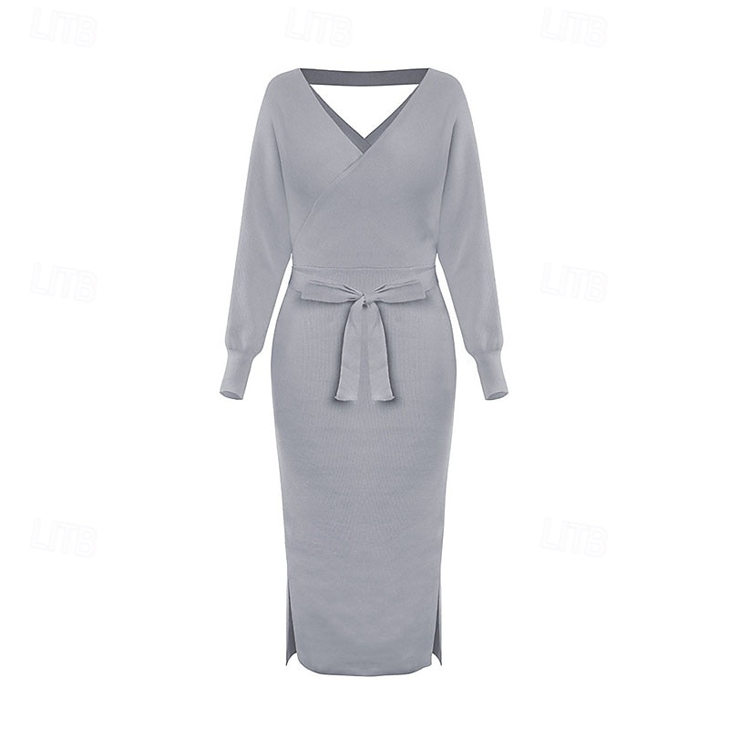 Dámské Midi šaty Svetrové šaty Pletené šaty Elegantní Módní Moderní Netopýří rukávy Dovolená Denní Jdeme ven Běžný Bez vzoru Dlouhý rukáv Do V Černá Rubínově červená Khaki Šedá Podzim Zima 2025 - $41.99 –P12