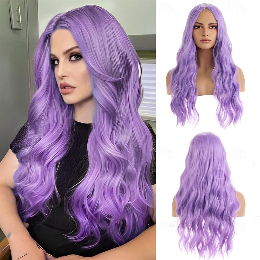 parrucca viola, parrucche lunghe e ondulate per donne, parrucche sintetiche viola lavanda per feste quotidiane del 2025 a $21.99 –P1