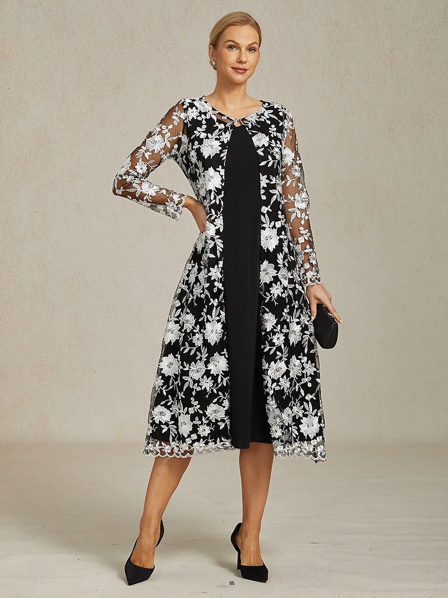 2026年 女性用 コート 高通気性 レース 刺繍 エレガント フラワー フォーマル 結婚式 パーティー ロング クルーネック ルーズフィット 長袖 アウターウェア ブラック 夏 春  コレクション – $65.99 –P1