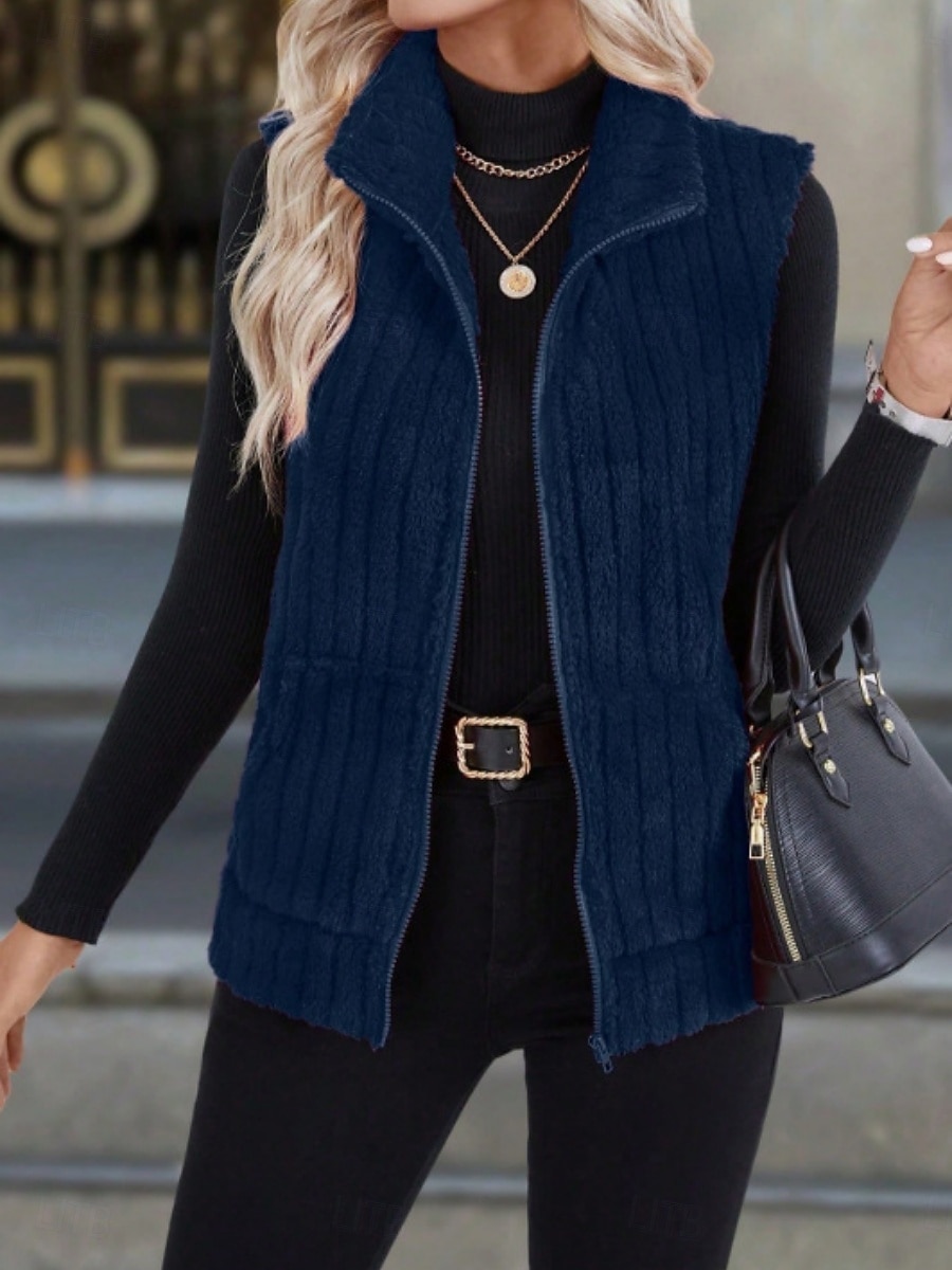 2025年 女性用 フリースベスト 快適 高通気性 ジッパー カジュアル 平織り バケーション ストリート カジュアル デイリーウェア ジッパ－ ショート 折襟 レギュラー ノースリーブ アウターウェア ブラック ルビーレッド ブルー 春 秋  コレクション – $25.99 –P16