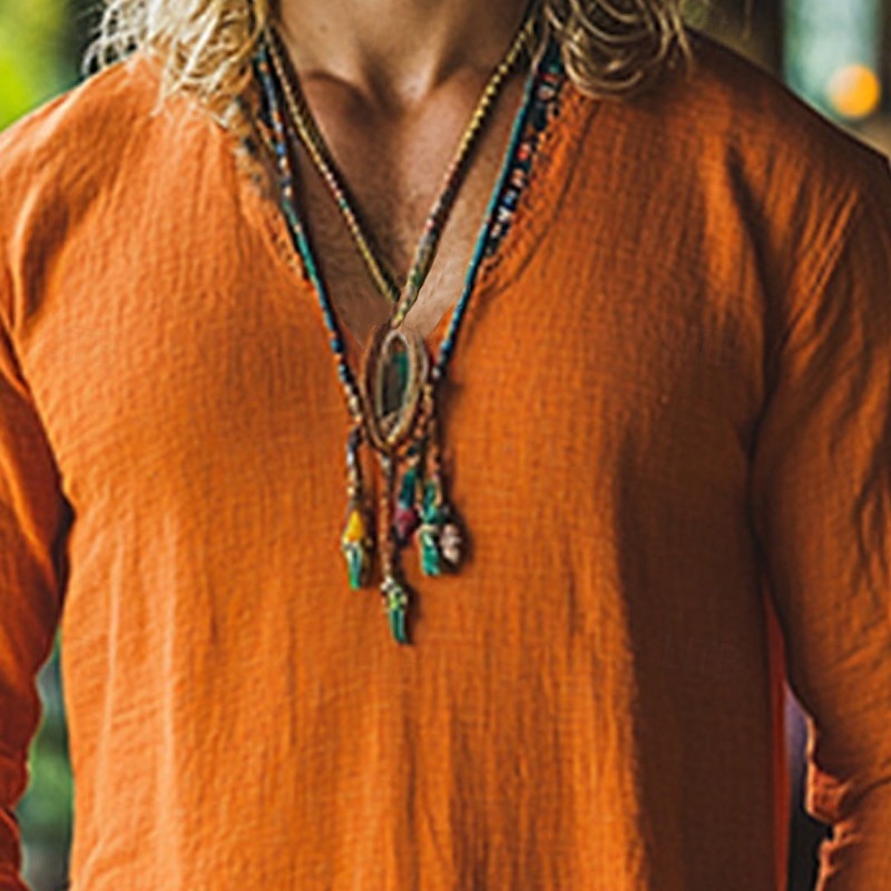 Homens Camisa de linho camisa de verão camisa vintage Camisa étnica Camisa de manga longa Losango Férias Rua Laranja Manga Longa Gola Redonda Verão Primavera Roupa Cavaleiro medieval de 2025 por $25.99 –P2
