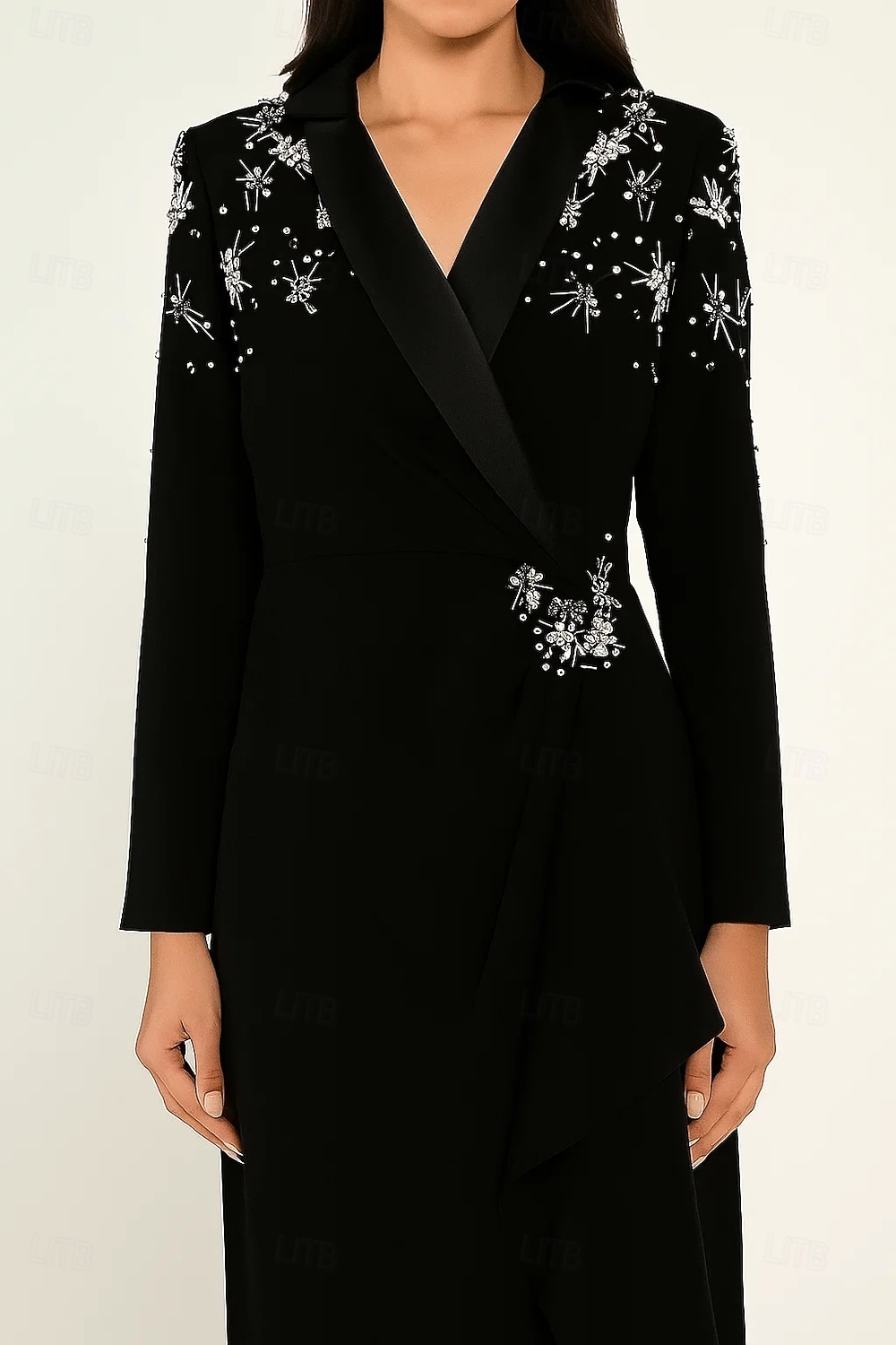 Rochie smoking cu imprimeu floral, tip coloană, cu cristale, model formal, pentru invitați de nuntă, rever din satin, crep elastic, mânecă lungă, guler cu rever crăpat și volane 2025 - $179.99 –P5