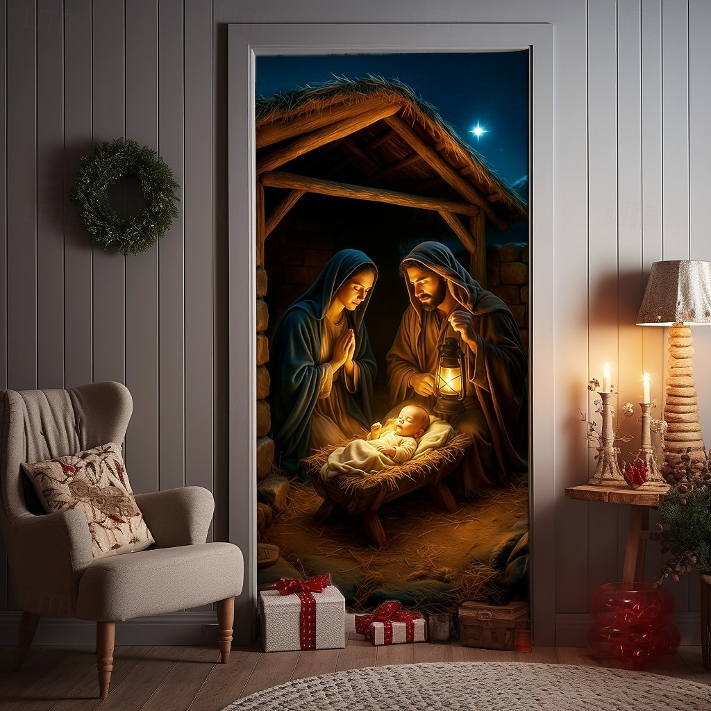 Karácsonyi Ajtófólia Betlehem Színhely Ajtófüggöny Babával és 2025 Karácsonyi Ajtófüggő Ünnepi Party Otthoni Dekorációhoz 2026 - $22.99 –P8