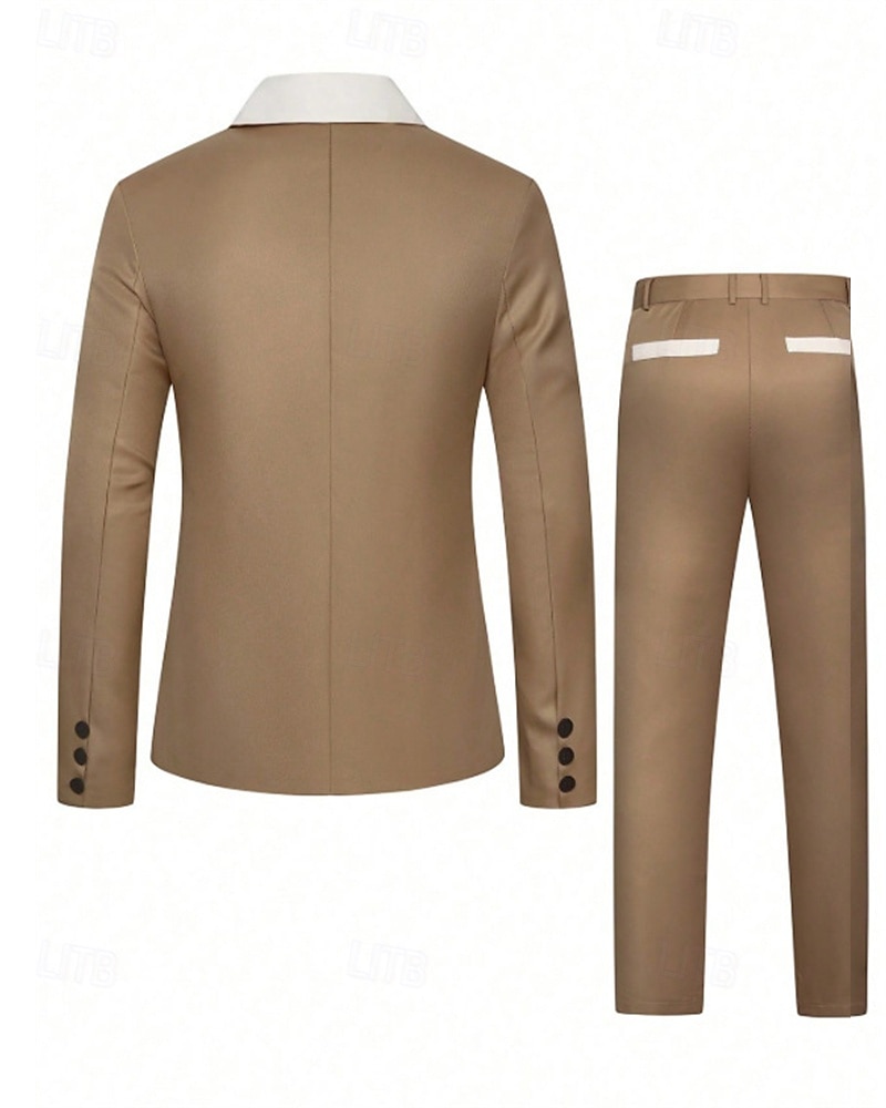 Men's Blazer Suits Business Cocktail Party Wedding Party 2 Piece Fashion Casual Spring &  Fall Polyester Color Block Plain Pocket Buttons Comfortable Single Breasted Blazer Apricot 2025 - $36.99 –P4