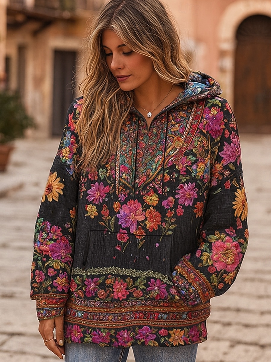 Viking Boho Women's Pullover Hoodie Sweatshirt Floral Graphic Casual Boho Long Sleeve Hooded Regular Tops Street  Patchwork Print Front Pocket Black Spring Fall Winter 2026 - $28.99 –P1