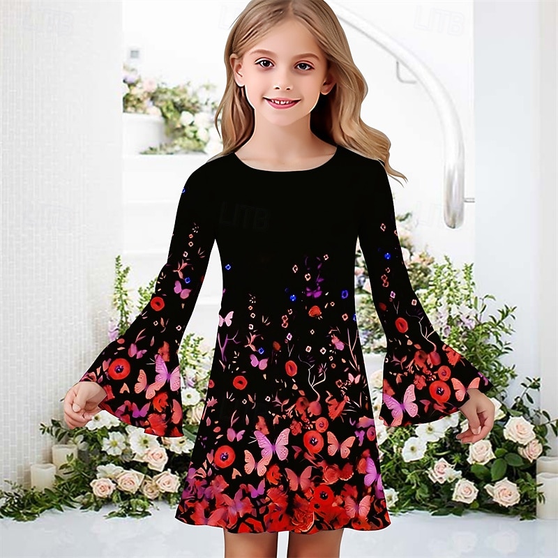Girls ' 3D Mariposa Vestido Vestido de volante Manga Larga Verano Primavera Vacaciones Diario Festivos Hermosa Dulce Niños 4-12 años Vestido informal Hasta la Rodilla Ajuste regular 2026 - $15.99 –P4
