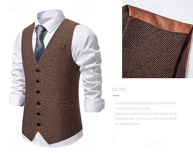 Homme Gilet en tweed Gilet Formel Mariage Vacances Quotidien ancien Mode Printemps Automne Avec Poches Boutons Polyester Confortable Chevrons Simple Boutonnage Col en V Revers Coupe Slim Marron Gris de 2026 ? $36.99 –P3