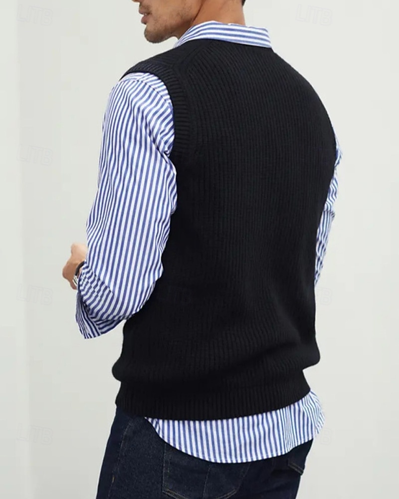 Men's Sweater Vest Dress Sweater Pullover Sweater Jumper Vest Knit Sweater Ribbed Knit Regular Tops Knitted Plain V Neck Fashion Casual Vacation Daily Wear Clothing Apparel Fall Winter Black Green S 2025 - $22.99 –P11