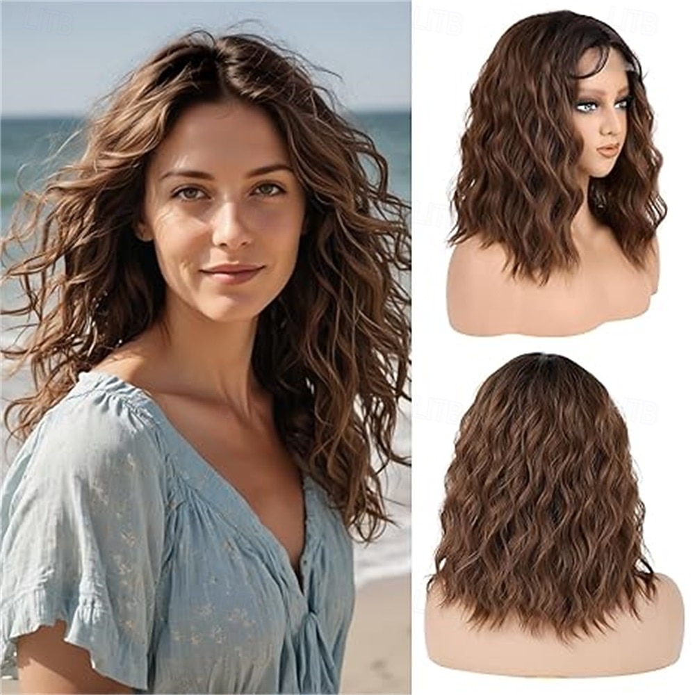 Peruci pentru femei, de culoare maro nuc ombre până la blond cenușiu, pentru păr, lungime medie, 40 cm, creț și ondulat, cu despărțire pe mijloc, perucă sintetică cu aspect natural, pentru 2025 - $22.99 –P4