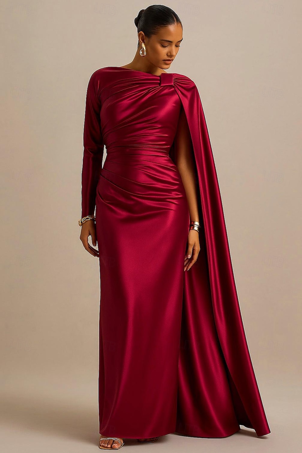Fourreau / Colonne Robe de Soirée Élégant Robe de soirée Formel Mariage Longueur au sol manche longue Une Épaule Satin avec Plis 2025 de 2025 ? $149.99 –P1