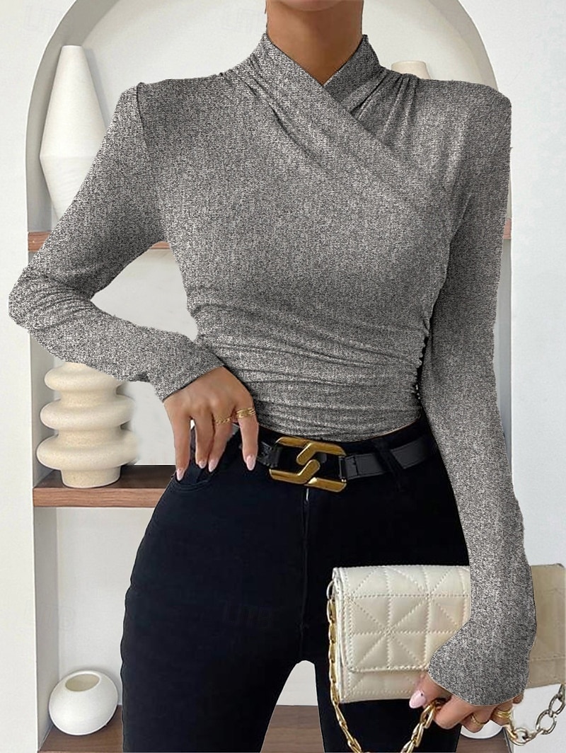 Damen Bluse Einfarbig Stilvoll Lässig Langarm V Ausschnitt Normale Oberteile Täglich Gerafft Schwarz Weiß Aprikose Grau Frühling Herbst Winter 2025 - $15.99 –P9