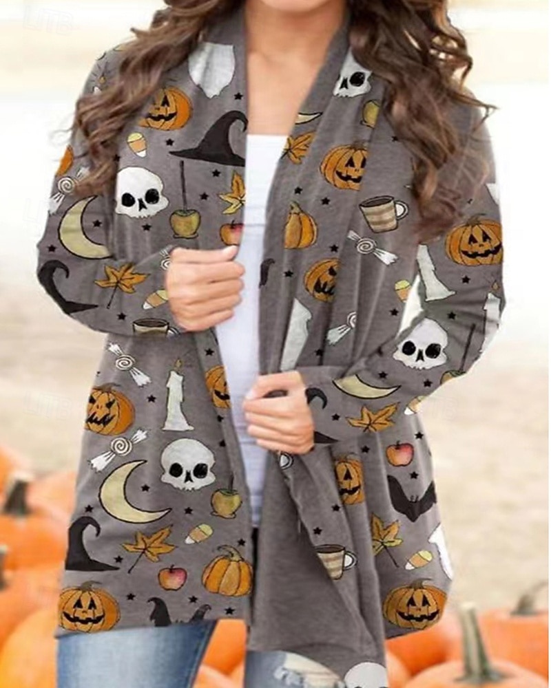 Dame Vinterfrakk Hold Varm Bekvem Trykt mønster Fritid Halloween Hodeskaller Halloween Ut på byen Helg Cardigan Normal V-hals Normal Langermet Yttertøy Oransje Lysegrå Mørkegrå Høst Vinter 2025 - $22.99 –P7