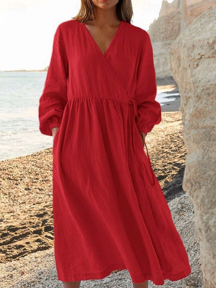 Women's Midi Dress Faux Cotton Linen A Line Dress Casual Daily Loose Fit Plain Long Sleeve V Neck Blue Black White Yellow Summer Spring Fall 2026 - $35.99 –P3