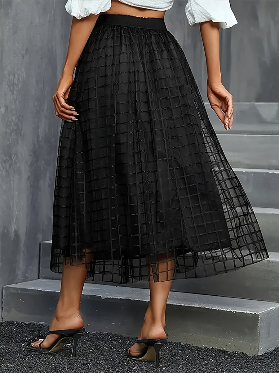 Dame الالتفاف A-linje Mote Fritid Midi Høy Midje Skjørt عادي Lomme Multi Layer Tyll Mikroelastisk Gate Daglig Svart Vår Polyester 2025 - $26.99 –P5